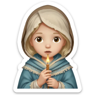 A small girl in a worn winter dress and shawl, holding a glowing matchstick close to her face, eyes wide with soft hope.
 sticker