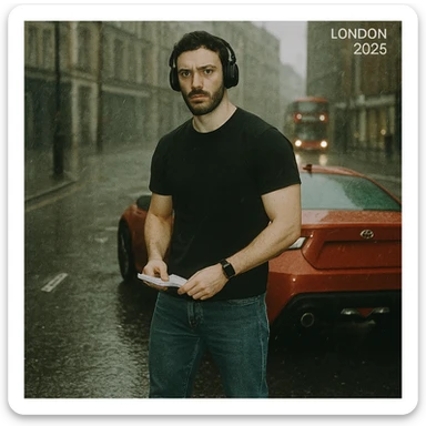 Grunge-style analog photo, London 2025, person inspired by the reference image with Nissan GT 86 in the background, model pose, black t-shirt, jeans, Nike Air Jordan low, using flash, rainy street, analog grain, 6/8. sticker