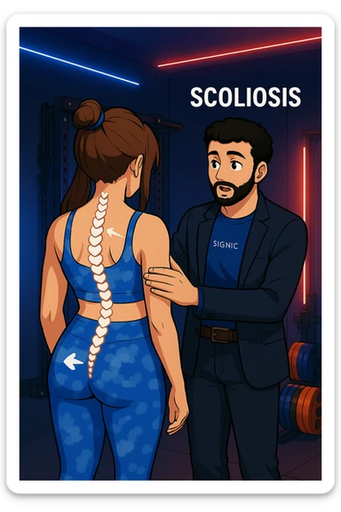 ispirati a questo stile di disegno e fai questa immagine in versione manga/webtoon a colori, il manga mostra la donna di spalle, mentre l'uomo le tocca la spina dorsale per spiegarle come funziona la scoliosi:
Con una scoliosi il baricentro corporeo cade maggiormente da un lato; per non cadere la schiena compensa accumulando tensione sul fianco opposto.
Il risultato? Si inclina e ruota sempre più, fino a che non cede (discopatie, artrosi, ecc) sticker