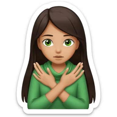 Girl with dark brown long straight hair and green eyes and tan skin wrapping her hands around her neck pretending to choke herself. sticker