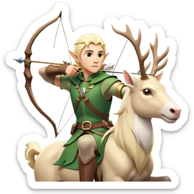 clash-of-clans-aesthetic-blond-male elf-archer-portrait-emoji, rendered in a flat, vector-style with minimal shading and bold holding his bow, simplified shapes, head tilted slightly forward with a determined, focused expression, riding a majestic white stag whose antlers glow with mystical energy, set against an ancient, enchanted forest backdrop. sticker