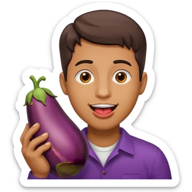 Man with his tongue out, holding an eggplant. sticker