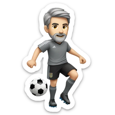 white boy in gray soccer uniform and black shorts with gray beard  and hair kicking a soccer ball sticker