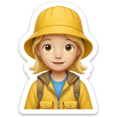 Little student wears yellow bucket hat and jacket, backpack, happy sticker
