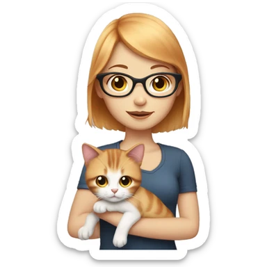 White skin, short strawberry-blonde haired girl with glasses holding calico cat sticker