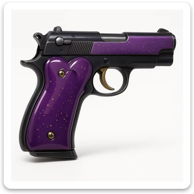 Refine the photorealistic purple heart pistol: increase the realism, add subtle metallic reflections, enhance the glossy finish, and improve the heart shape details, on a white background. Maintain photorealistic style with subtle metallic reflections and glossy finish. sticker