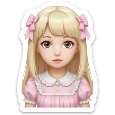 pale girl , who has straight hair medium length blonde and baby pink swirled hair with bangs , grey eyes , and doll like makeup , in a light pink lolita hime gyaru dress emoji | AI Emoji Generator sticker