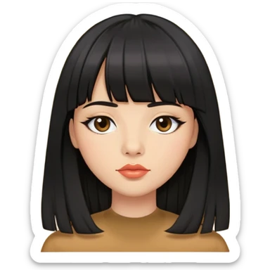 Black long straight hair, double eyelids hair, curtain bangs, plump lips, medium eyebrows, button nose sticker