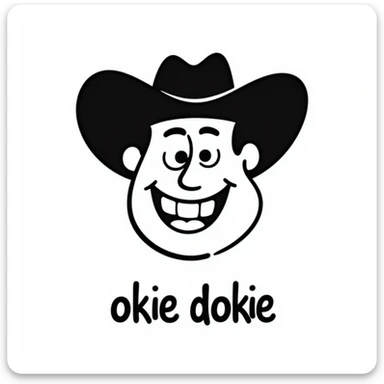 cartoon cowboy face with a wide grin, wearing a classic cowboy hat, and the words 'okie dokie' below sticker
