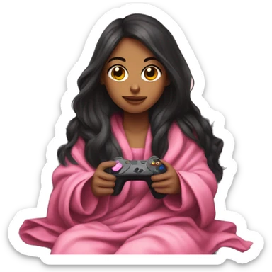 girl with long dark hair wrapped up in a blanket sitting on a couch with a pink gaming controller in her hands sticker