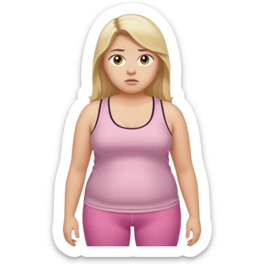 Create a young woman with long blonde hair, golden eyes, and medium-light skin tone, wearing a light pink tank top and leggings. but she is overweight  She should be in portrait mode, but with a subtle doubting facial expression—slightly raised eyebrow, small frown, sticker