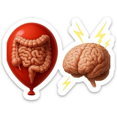 intestino umano anatomico chiuso in un palloncino rosso che simboleggia gonfiore, accanto un cervello anatomico con fulmini vicino che simboleggiano "stress", iperrealistico 4k sticker