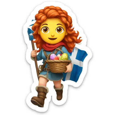 red hair female winter mountaineer climbing with Easter eggsbasket and Greek flag sticker