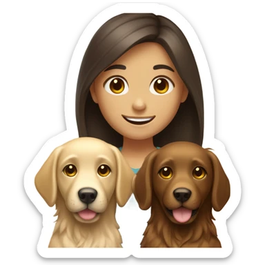 Smiling girl with long dark brown hair and a small shaggy golden Labrador dog with brown eyes sticker