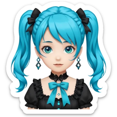 anime-style female character with bright turquoise hair styled in twin tails and matching blue eyes. Her outfit is a frilly turquoise and black dress in a Lolita-esque style, heavily contrasted with black ribbons and trim. A key detail is the"AWP" logo printed in black on the chest. happy variant sticker