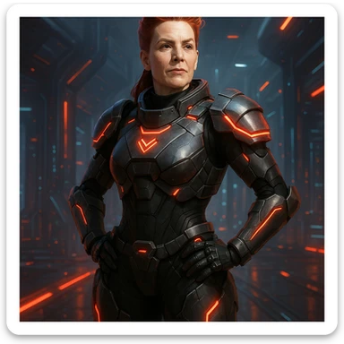 Scarlet Duke from the future, futuristic armor with glowing red accents, confident pose, sci-fi setting sticker