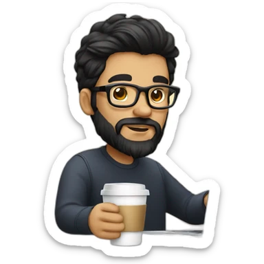 Designer with black hair, beard and glasses working with MacBook and drinking cappuccino  sticker