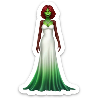 reptilian green alien woman, in long slim pastel color:#FFFFFF formal party satin dress with gradient shiny sparkling dark red, full figure, full body sticker