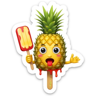 A pineapple with a crazy face eating a popsicle sticker