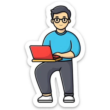 full body male teacher in casual clothes holding a laptop sticker