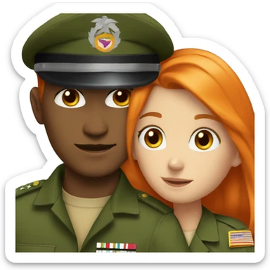 a orange hair girl hugs, white man with brown hair in a green military uniform sticker
