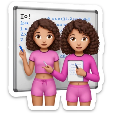 a girl with dark brown curly like hair wearing pink not hot pink 2 piece set teaching up on a board sticker