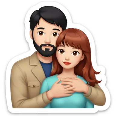 handsome tall asian man with black hair and beard, hugging cute woman with light tan skin and long wavy reddish brown hair with bangs and coral lipstick sticker