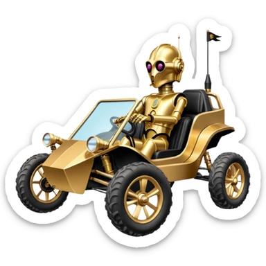 Old American West tarnished neon underglow C-3PO bounty hunter 1964 delicately ornate rosegold accents painted dune buggy buckboard wagon powered by electric motors and batteries with safety and belts flying rapidly roughening terrain stable on strong agile advanced suspension and steering sticker