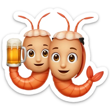 Design a trendy emoji-style illustration of two shrimp peeking from behind text, only half of their bodies visible, curious and playful expressions.
One shrimp holding a beer mug, the other pointing forward.
 sticker