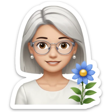  Emoji of a smiling girl with neck-length straight brown hair, fair tan skin, brown eyes, soft black brows, wearing silver glasses, pearl earrings, white hair clips, and blue flowers in her hair. She's in a clean white dress or shirt, with a soft clean girl aesthetic on a white background sticker