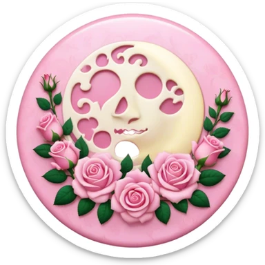 A round pink button with a light cream full damask moon and pink roses in the center sticker