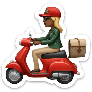 a woman and a man wearing gucci caps driving a e scooter sticker