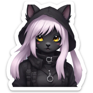 Gorgeous furry gothic dark techwear anime style anthro black cat furry sona Fakemon with blushing face aesthetic and pretty edgy black with collar and harness trending style sticker