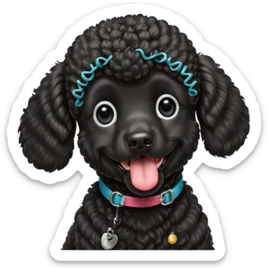 A high-resolution square-format digital illustration of a black poodle in a clean, semi-realistic style. The poodle is shown from the chest up, facing forward with a slight tilt of the head to the left, tongue out playfully. sticker