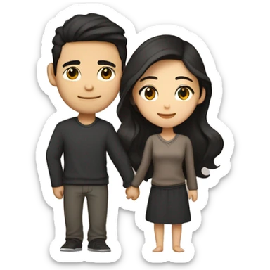 A half pale Asian man with short dark hair and amber eyes embracing and loving a half Asian woman with long wavy dark hair and dark hazel eyes. They love each other a lot And have good fashion taste. sticker