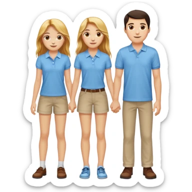 full-length happy couple, girl with long golden hair and hazel eyes in summer outfit, boy with dark hair in light blue polo sticker