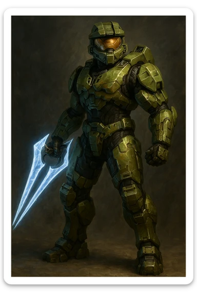 Master Chief from Halo, holding an energy sword, futuristic armor, green and gold accents, heroic stance sticker