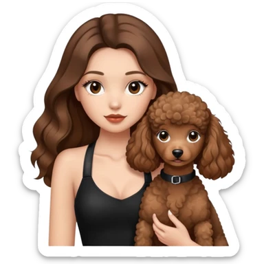 girl with long brown balayage hair and long lashes, wearing black halterneck top, and holding a brown poodle sticker