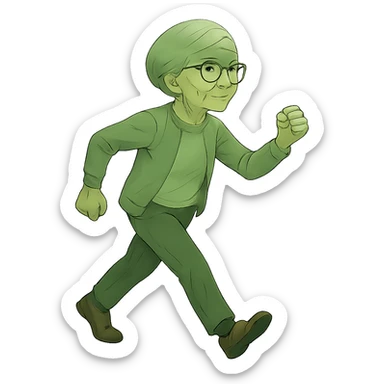Change the walking pose of the elderly woman with short hair to a brisk walk. Keep the bufo style look in mind while editing. sticker
