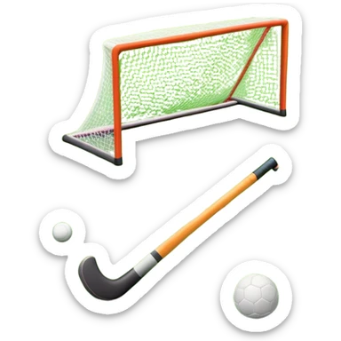 A field hockey stick and ball on a vibrant green grass field, with goalposts and clear field markings in the background. The scene emphasizes the bright, lush grass, highlighting the fast-paced and strategic nature of hockey on a well-maintained pitch. sticker