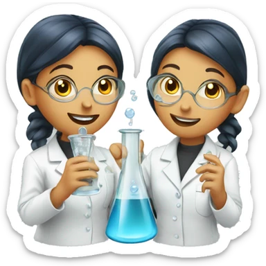  two scientists girls holding one clear glass chemistry sticker
