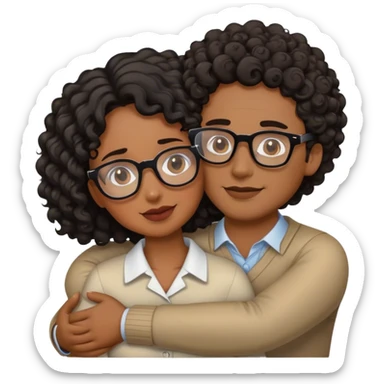 Brown woman with curly hair hugging white man with brown hair and glasses sticker