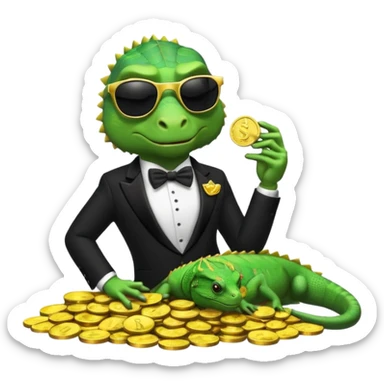 capitalist iguana banker in tuxedo and black sunglasses lying comfortly on coins sticker
