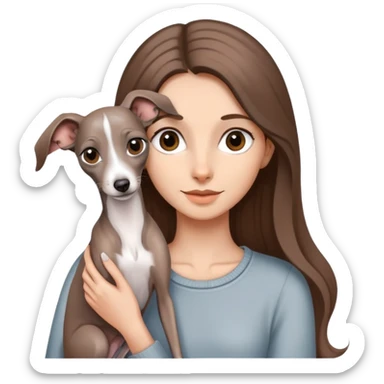 A girl with long brown hair holding a gray Italian Greyhound sticker