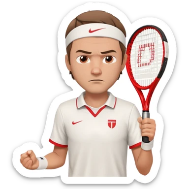 A 3D cartoon-style illustration of a male tennis player resembling Daniil Medvedev. He is wearing a white tennis shirt with a small logo, a white wristband, and holding a red and white tennis racket. His expression is serious and focused. He has short brown hair and a headband with a small red logo. The style is similar to an Apple emoji or Memoji character – clean, high-quality, slightly exaggerated facial features, and polished rendering. White background.
 sticker