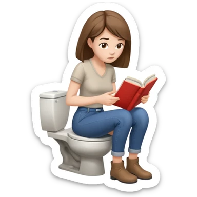 A woman is sitting on the toilet, her pants are pulled down and she it reading a book. She is struggling because she tries to poop. Side view sticker