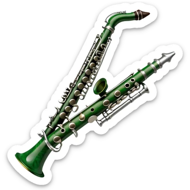 Create an elegant and refined emoji representing the Buffet Crampon Legende Green Line A clarinet. The design should showcase the sleek, dark wood finish of the clarinet with its shiny metal keys and elegant detailing. Include the distinct, high-quality features of the Green Line model, such as the unique greenish tint of the wood, giving it a modern and sophisticated look. Add subtle elements like the mouthpiece with the reed, emphasizing its importance in sound production. Use dark tones like ebony, silver for the keys, and soft light reflections to evoke a professional, classical feel. The background should be transparent. sticker