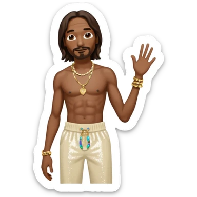Snoop Dogg with long dark brown hair, cream sequin baggy pants, shirtless with necklace sticker