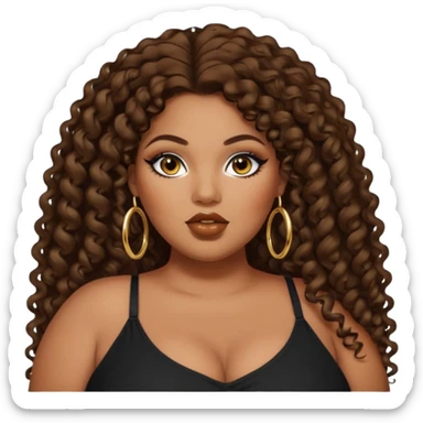 big plus size, darker tan skin, gold hoops, long dark brown curly hair, baddie,pretty, makeup, lipgloss, black eyeliner, long hair, black top sticker