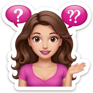 girl with long wavy brown hair, brown eyes, long lashes makeup, sexy pink lips, light to medium complexion, wearing a pink sexy top, shugging, smiling, question mark one speech bubble sticker